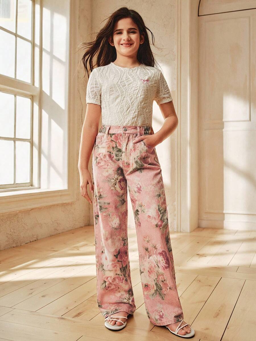 Anewsta Quần jeans ống đứng in hoa thêu thanh lịch dành cho bé gái, kiểu dáng thường ngày và thời trang, thích hợp cho mùa xuân/hè. - Hồng - Xem 1