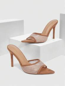 CUCCOO SZL Sandales à talons hauts en maille ornées de strass couleur champagne - Camel - Voir 2