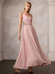 MOTF Soiréza WOMEN'S V-NECK PARTY COCKTAIL BANQUET PLEATED PATCHWORK DRESS, SPRING/SUMMER - Pink - View 5