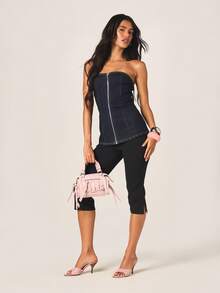 MISSGUIDED Áo quây dài tay bằng vải denim co giãn dành cho nữ, có khóa kéo phía trước, kiểu áo corset không dây vai. - Màu xanh lam - Xem 4