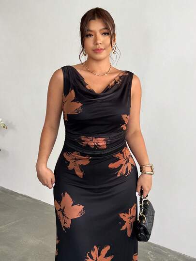 Firerie Plus Size Women Floral Print Ruffle Neck Pleated Elegant Waist Fit Cocktail Party Dress