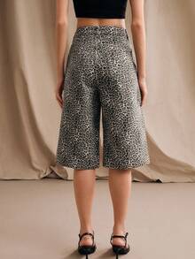 Anewsta Heavily Embellished Rhinestone Leopard Print Midi Shorts - Black - View 5