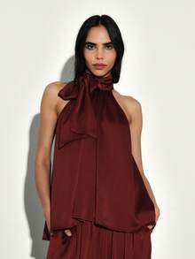 酒红色露背蝴蝶结吊带无袖上衣，适合约会之夜或晚宴休闲时尚场合 - 酒紅色 - 查看 1