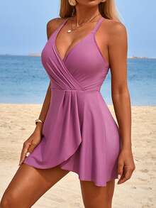 Swim Lushoire 女士纯色吊带连体泳衣，夏季海滩度假 - 玫瑰紅 - 查看 3