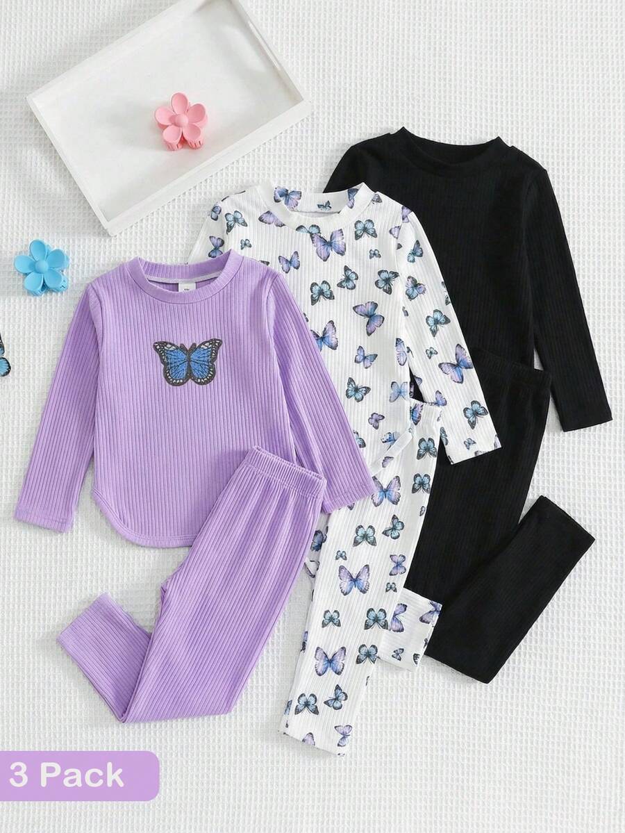 SHEIN Bộ đồ đôi thoải mái, rộng rãi cho bé gái, cổ tròn, in hình gấu dễ thương, gồm áo thun và quần dài dệt kim gân, thích hợp cho mùa thu/đông. - Nhiều màu - Xem 1