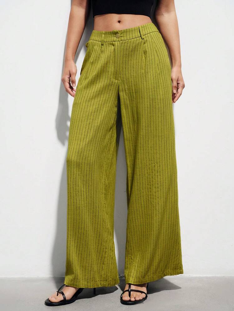 Aveloria Modichic Nouveaux arrivages Pantalon large en lin rayé, style décontracté à la française, mode minimaliste, polyvalent, décontracté, idéal pour les vacances - Jaune moutarde - Voir 7