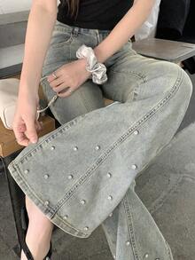 Quần jeans ống loe nữ đa năng, kiểu dáng thường ngày, có túi. - Màu xanh lam - Xem 4