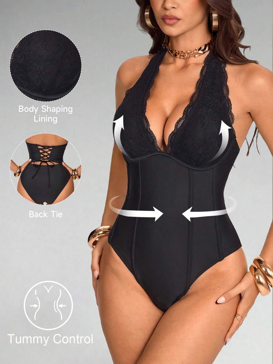 Shapewave Women's Lace Patchwork Halter Tie Strap One-Piece Swimsuit, Beach Vacation - Black - View 1