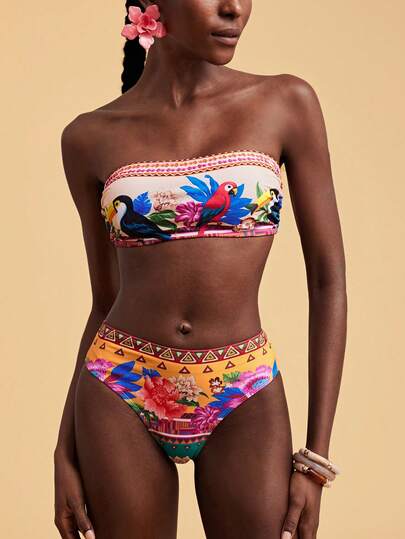 Travachic Women Floral Print Bandeau Bikini Set,Summer Outfits For Women,Swimsuits For Woman,Bathing Suits For Women