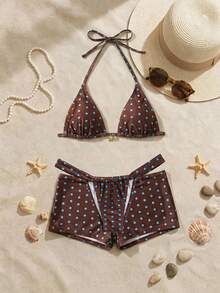 Bonvoyette 波点印花丁字裤比基尼套装 - 棕色 - 查看 3