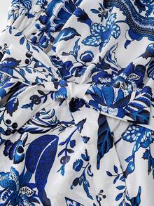 GlowEve 女士蓝白碎花露肩荷叶边领腰A字连衣裙，优雅百搭，适合度假、日常穿着、通勤、约会，展现法式街头风、复古风、假日风情，适合早春/春夏穿着，新款长裙 - 藍白色 - 查看 8