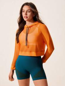 SHEIN Sports Core Rhythm 女士网眼拼接运动衫 - 长袖连帽运动上衣，带抽绳，适合训练、健身和瑜伽 - 橘色 - 查看 3