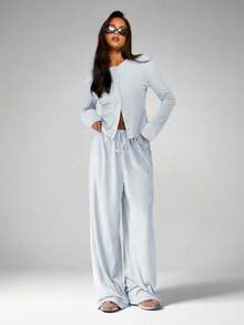 MISSGUIDED 柔软触感浅蓝色两件套组合，包括纽扣开衫和阔腿裤，舒适家居服套装 - 淺藍色 - 查看 3