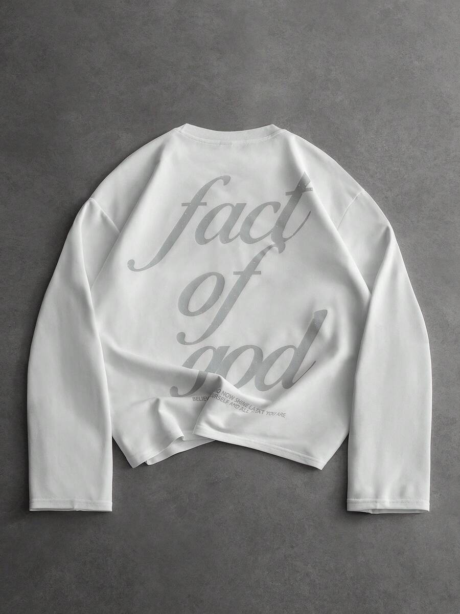 PAVTROS Men's Casual Fashionable Street Slogan Embroidery Print Loose Fit Long Sleeve T-Shirt, Suitable For Spring And Autumn Daily Commute - White - View 1