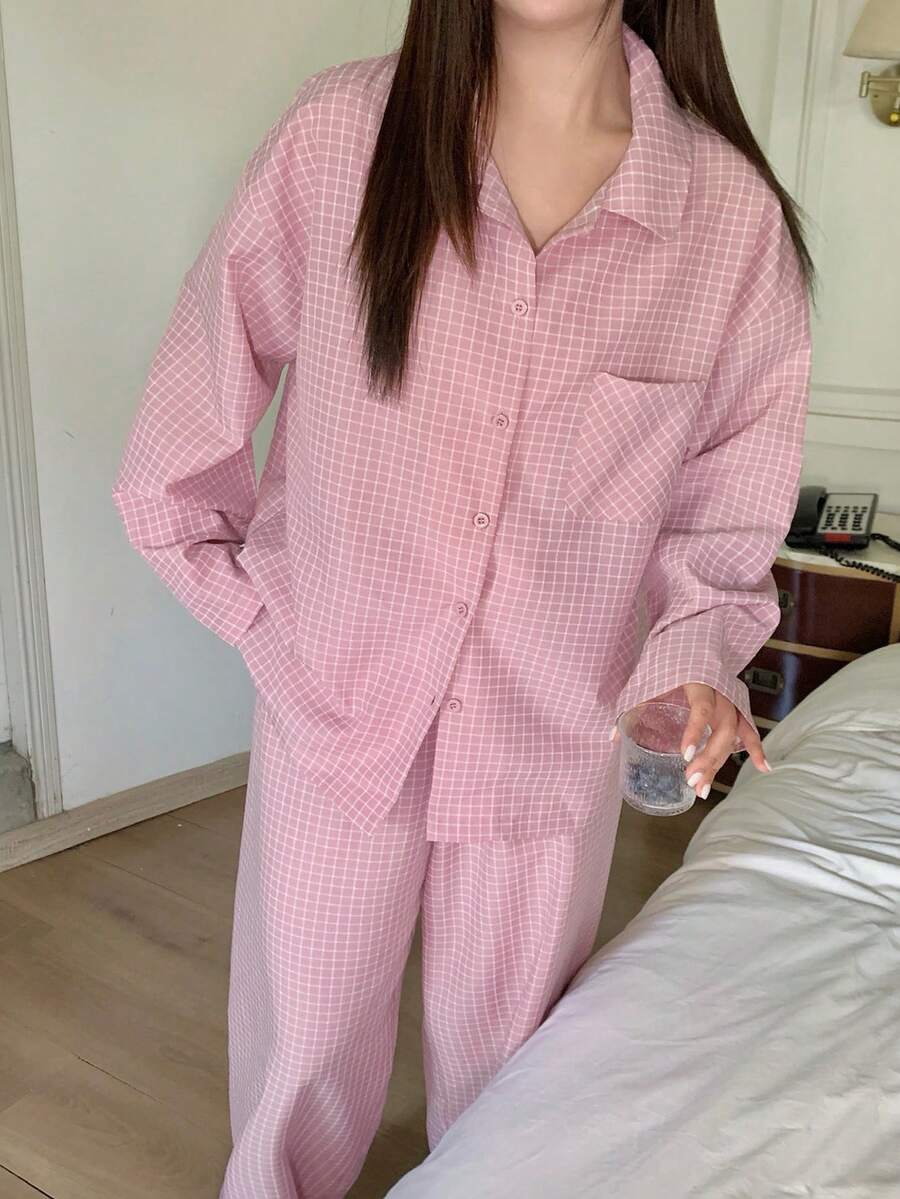 Dazy Plus 女童休闲格子睡衣两件套，宽松上衣和长裤，粉色，春夏款 - 粉色 - 查看 1