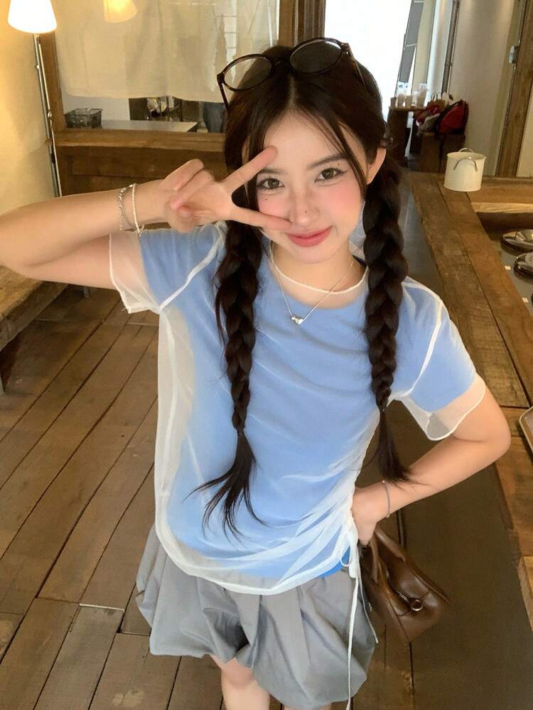 Women's Side Drawstring Adjustable Sheer Mesh Short Sleeve T-Shirt 2 Pieces Set Summer