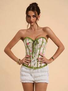 SHEIN BAE Áo corset không dây vai bằng ren jacquard in hoa thanh lịch và gợi cảm dành cho nữ mùa xuân/hè, phối màu độc đáo, thích hợp cho hẹn hò, dã ngoại, tiệc tùng và nhiều dịp khác. - Nhiều màu - Xem 4