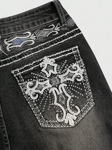 ROMWE Grunge Punk Y2K复古千禧性感口袋交叉翅膀刺绣修身喇叭裤女款 - Volcanic Gray - 查看 3