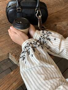 DAZY Women's Striped Korean Style Embroidered Bow Mini Dress, Casual For Party, Holiday Floral Dresses For Women - Apricot - View 3