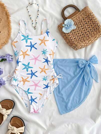 SHEIN Tween Girls Blue White Vacation Ditsy Floral Side Bow Decor Casual One-Piece Swimsuit With Cover-Up Skirt