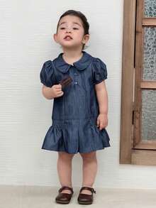 Dazy Kids Áo không tay cổ bẻ bằng vải denim mài cho bé gái kiểu Hàn Quốc - Màu xanh lam - Xem 7