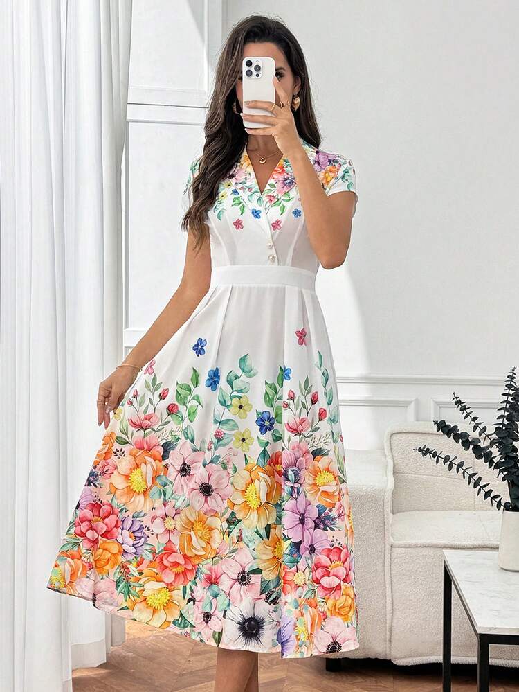 Elegant White Floral Midi Dress For Women – V-Neck Short Sleeve Buttoned A-Line Dress With Vibrant Multicolor Flower Print, Perfect For Summer & Spring, Ideal For Wedding Guest, Party, Vacation, Beach, Going Out, And Festival Occasions,Graduation Outfit For Mother,Summer Outfits For Women