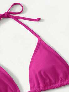 SHEIN Swim 女士性感露背系带开衩比基尼套装，简约纯色，适合海滩度假 - 玫紅色 - 查看 4