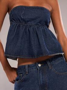 SHEIN BAE Conjunto de moda con top bandeau con volantes y pantalones vaqueros de pierna ancha para mujer - Azul lavado oscuro - Ver 7