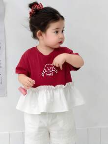 DAZY Blusa de manga corta con cuello redondo, volantes y contraste de color para niñas pequeñas - Rojo - Ver 5