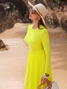 Swim Shayni Women's 3-Piece Set: Yellow Round Neck Half-Zip Long Sleeve Top, Matching Long Pants, And Elegant A-Line Skirt, Suitable For Beach Vacation - Yellow - View 5