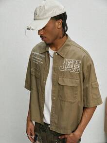 GALLERY FADE Men's Casual Street Style Embroidered Pocket Military Green Denim Short Sleeve Shirt - Army Green - View 5