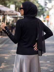 Calvaya All-Match Round Neck Casual Versatile Long Sleeve Knit Undershirt Button Top - Black - View 2