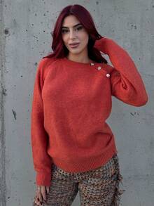 Bearsaez 女式斜襟纽扣毛衣 - 亮橙色 - 查看 1