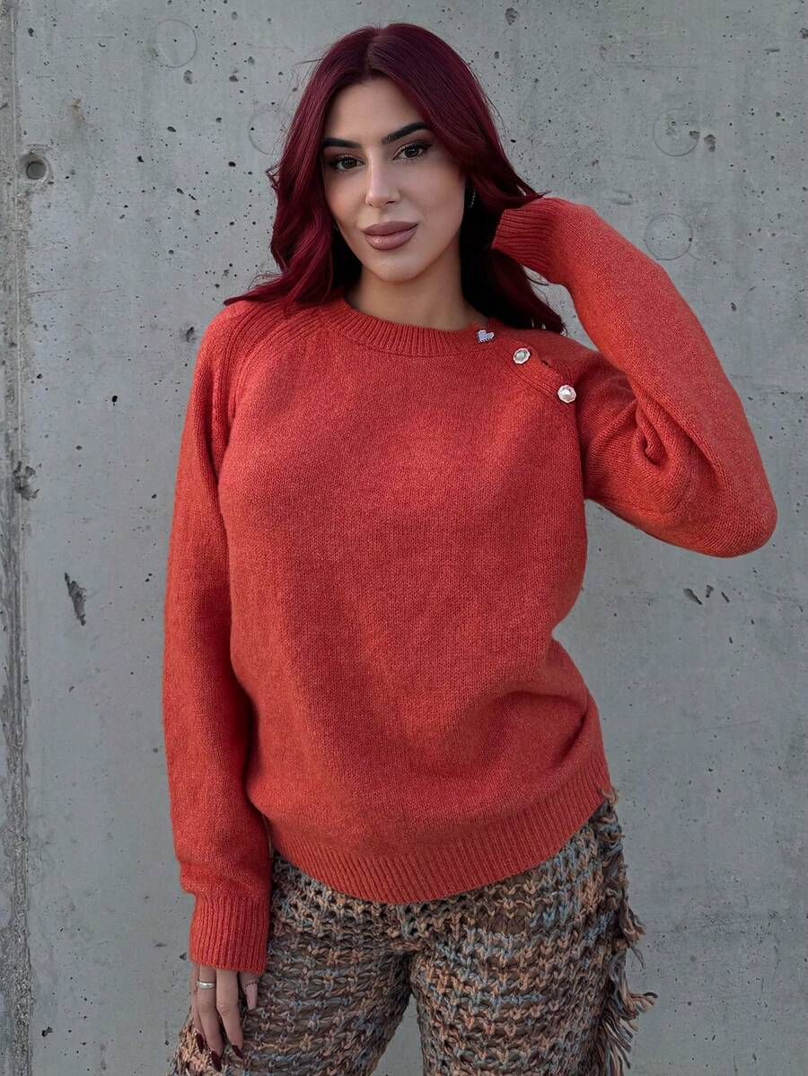 Bearsaez 女式斜襟纽扣毛衣 - 亮橙色 - 查看 1