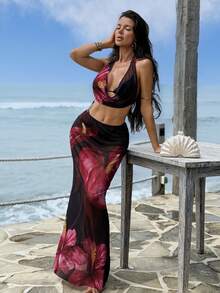 Swim SXY Summer Island Vacation Sexy Lily Print Bikini & Skirt High-End Set Beach Vacation Outfits Woman 2 Piece Vacation Two Piece Set Women Beach 2 Piece Set Women Summer Two Piece Sets Boho Two Piece Set - Multicolor - View 5