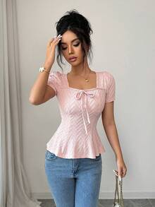 Franclia 女士纯色扭结设计时尚百搭日常短袖T恤 - 粉色 - 查看 7