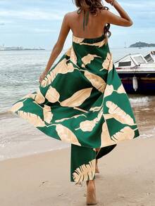 Breezaya 热带植物印花露背短款上衣+松紧腰直筒裤两件套，春夏款 - 墨綠色 - 查看 2