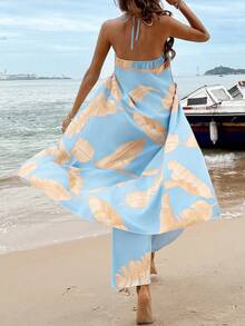 Breezaya 热带植物印花露背短款上衣+松紧腰直筒裤两件套，春夏款 - 藍色 - 查看 2