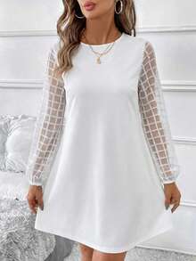 SHEIN Clasi 女士薄纱长袖纯色迷你连衣裙 - 白色 - 查看 9