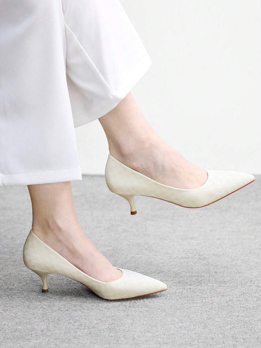 CUCCOO BIZCHIC 女士尖头细高跟中跟鞋,优雅、休闲、舒适、一脚蹬,适合工作、通勤、约会、派对、正式场合。 - 糯米白色 - 查看 1