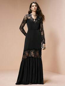 Arave 女士编织撞色蕾丝V领优雅长袖连衣裙 - 黑色 - 查看 2