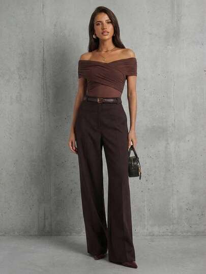 Aloruh Coffee Color Off-Shoulder Short Sleeve Bodysuit, Elegant For Vacation And Commute, Solid Color Bodysuit,Brown Bodysuit,Old Money Style,Elegant Commute,Work Bodysuit,Office Clothes,Rave Outfits,Concert Outfit Women,Country Concert Outfit,Easter,Beach Outfits For Woman,Summer Outfits For Women,Casaul,Boho,Bohemia,Casual Outfit For Women,Holiday,Vacation,Y2K,Dignified