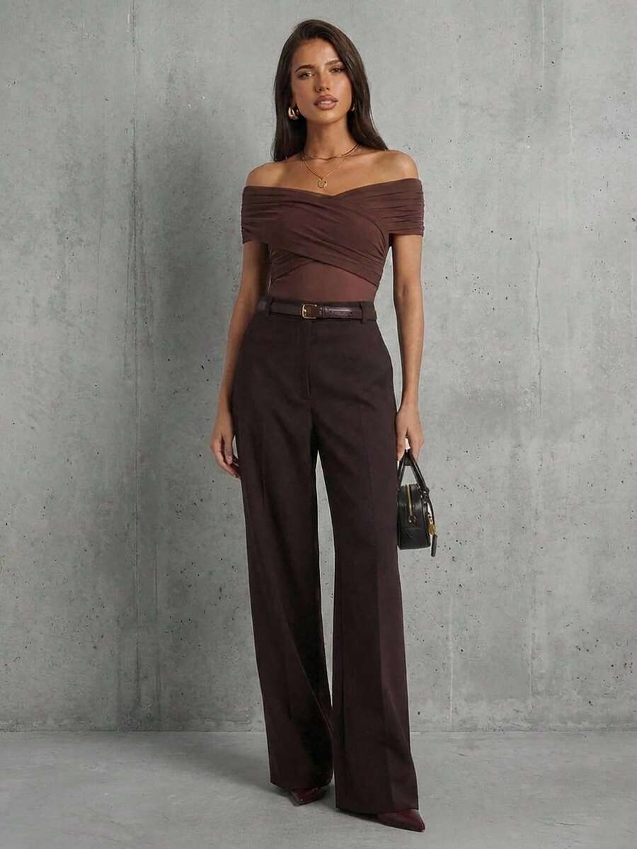 Aloruh Áo liền thân tay ngắn trễ vai màu cà phê, thanh lịch cho kỳ nghỉ và đi làm, áo liền thân màu trơn