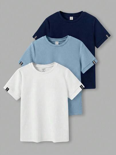 3pcs/Pack Kids/Tween Boys' Casual Athletic Comfy Simple Versatile Crew Neck Loose Fit Short Sleeve Knit T-Shirt, Suitable For Spring/Summer Outdoor & School Wear