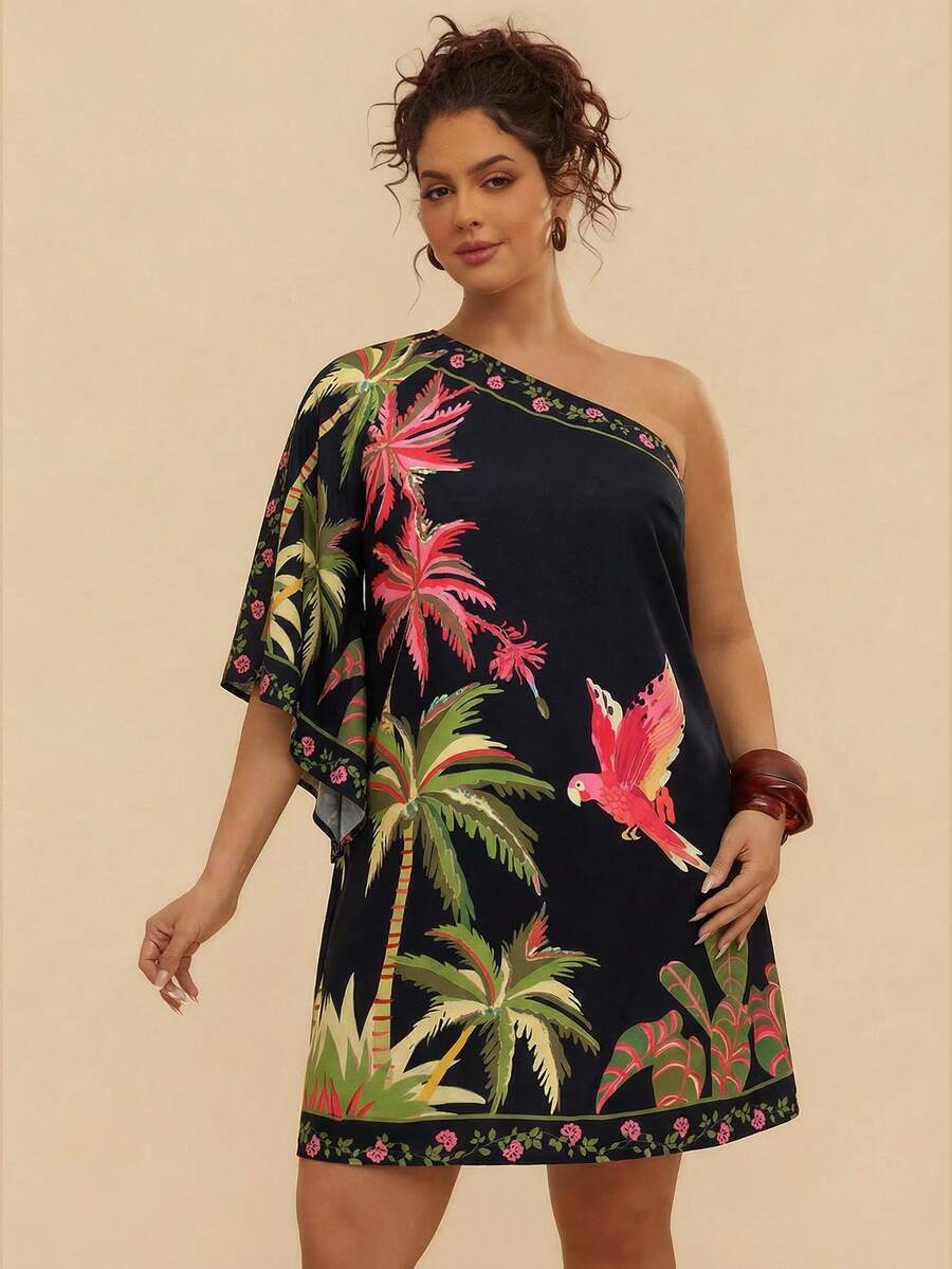 Travachic Đầm ngắn dáng rộng, vai lệch, họa tiết thực vật nhiệt đới, màu xanh navy, thích hợp cho mùa hè và mùa thu. - màu đen - Xem 1