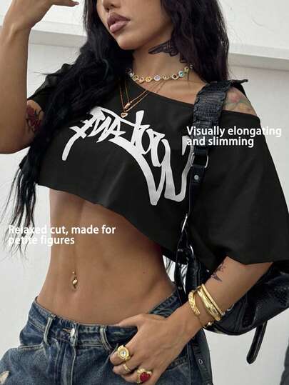 SHEIN Coolane Petite Women's Petite Summer Streetwear Preppy Vintage Casual Knit Cotton Graphics Comfortable Black Loose Asymmetric Off-Shoulder Neckline T-Shirt Petite-Friendly Cropped Top With Lengthening Effect