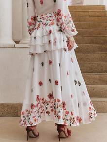 Anewsta Romantic French Floral Embroidery Layered Ruffle Hem High Waist Skirt - White - View 7