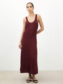 KSTM Burgundy Scoop Neck Sleeveless A Line Maxi Sweater Dress Ribbed Knit Fall Winter Casual Day Evening Dress - Burgundy - View 1
