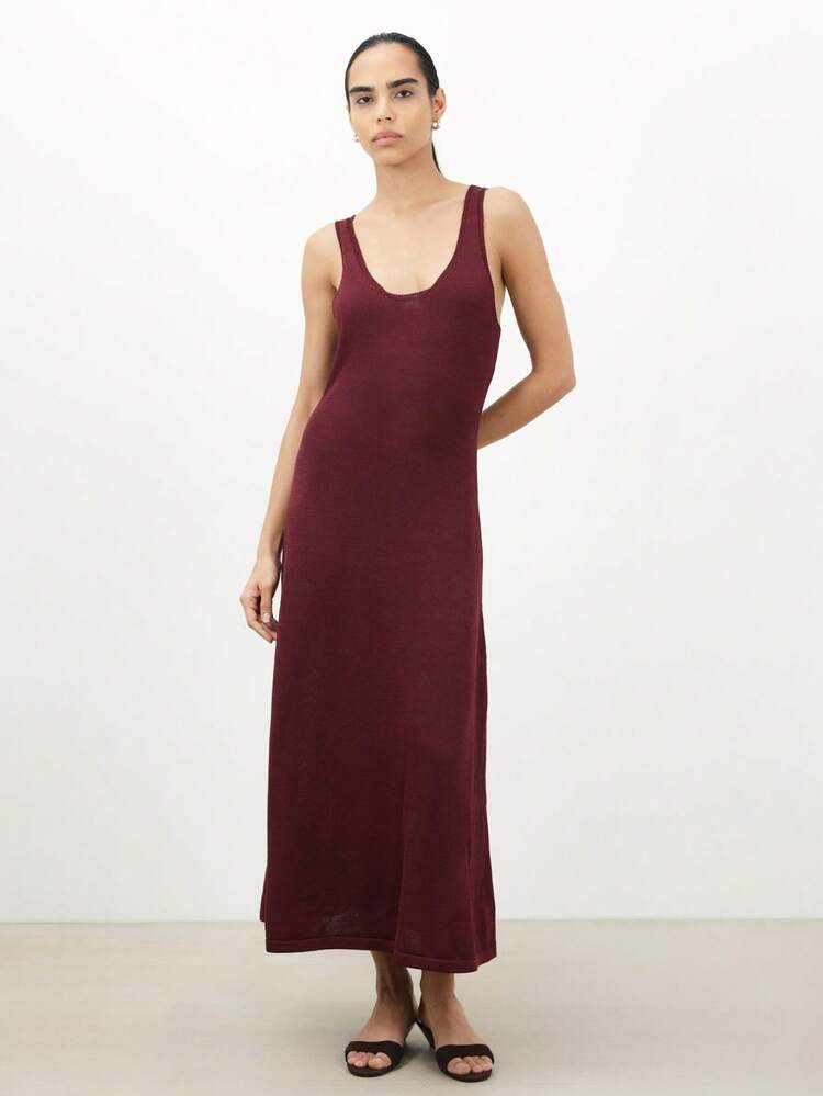 KSTM Burgundy Scoop Neck Sleeveless A Line Maxi Sweater Dress Ribbed Knit Fall Winter Casual Day Evening Dress