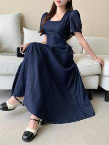 FRIFUL 女士休闲花瓣袖交叉系带腰部牛仔连衣裙，春夏款 - 藍色 - 查看 2